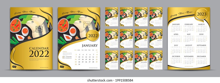 Desk calendar 2022 set and calendar 2023 template, Gold Cover design, Wall calendar 2022 design food concept, Planner, simple, poster, advertisement, luxurious Gold background