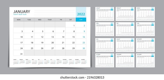 Desk Calendar 2022 Set, Monthly Calendar Template For 2022 Year. Week Starts On Sunday. Wall Calendar 2022 In A Minimalist Style, Set Of 12 Months, Planner, Printing Template, Office Organizer Vector
