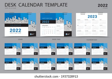 Desk calendar 2022 Set template and Calendar 2023 layout, Set of 12 Months, Planner, Week starts on Sunday, Stationery design, Wall calendar 2022 year, printing, advertisement, Blue cover design
