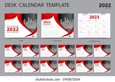 Desk calendar 2022 Set template and Calendar 2023 layout, Set of 12 Months, Planner, Week starts on Sunday, Stationery design, Wall calendar 2022 year, printing, advertisement, Red cover design