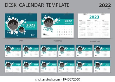 Desk Kalender 2022 Set-Vorlage und Kalender 2023-Layout, Set of 12 Months, Planer, Woche beginnt am Sonntag, Schreibtischdesign, Wall-Kalender 2022 Jahr, Druck, Werbung, Green-Cover-Design