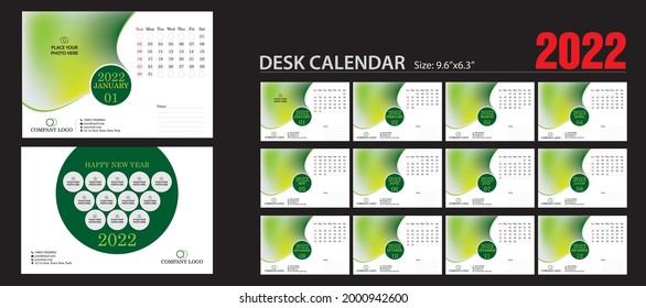 Desk Calendar 2022 template - 12 months  cover included. Just add your Logo, Company details, Photos and you are ready to print.