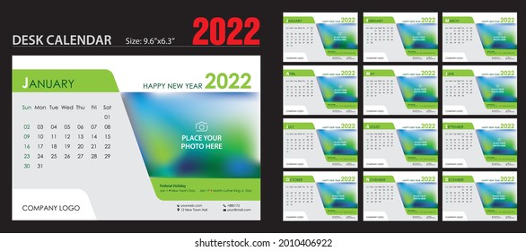 Desk Calendar 2022 template - 12 months  cover included. Just add your Logo, Company details, Photos and you are ready to print.