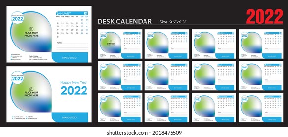 Desk Calendar 2022 template - 12 months  cover included. Just add your Logo, 
Company details, Photos and you are ready to print.