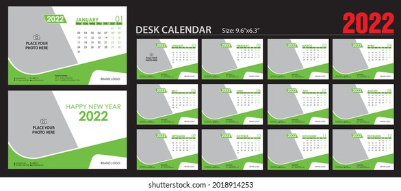 Desk Calendar 2022 template - 12 months  cover included. Just add your Logo, Company details, Photos and you are ready to print.