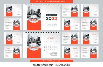 Desk Calendar 2022 template of 12 months included . A5 Size 