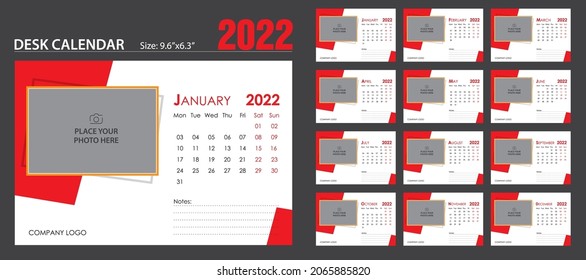 Desk Calendar 2022 template - 12 months. Just add your Logo, Company details, Photos and you are ready to print.