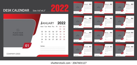 Desk Calendar 2022 template - 12 months. Just add your Logo, Company details, Photos and you are ready to print.