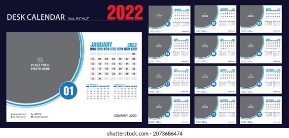 Desk Calendar 2022 template - 12 months. Just add your Logo, Company details, Photos and you are ready to print.