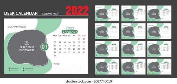 Desk Calendar 2022 template - 12 months. Just add your Logo,
Company details, Photos and you are ready to print.