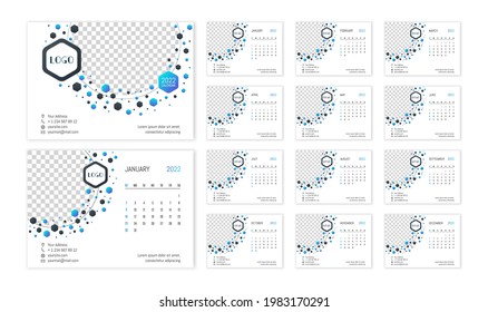 Desk calendar 2022 template. Design with place for photo and company logo. Week starts on Sunday