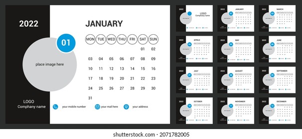 Desk Calendar 2022 Template Design, 2012 Desk Kalender, Wochenstart am Montag, kreativer Schreibtischkalender 2022