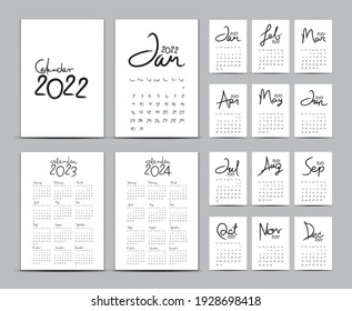 Calendario de escritorio conjunto de plantillas 2022, Calendario 2023-2024, Calendario de fletamento, ilustración de vector dibujada a mano, color blanco y negro, Conjunto de 12 meses, Semana comienza domingo, Papelería, diseño de portada