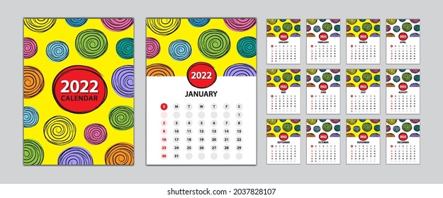 Calendario de escritorio conjunto de plantillas 2022, Ilustración vectorial de diseño de calendario, Set, diseño de calendario de pared 2022, Afiche, diseño de portada amarillo, Conjunto de 12 meses, Inicio de semana domingo, publicidad, medios de impresión