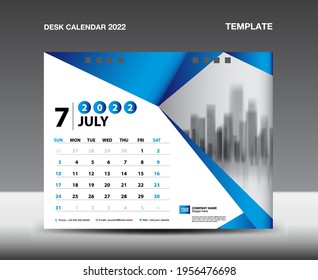 Calendario de escritorio 2022 Vector de plantilla, julio de 2022, la semana comienza el domingo, Planificador, Diseño de galería, diseño de volante, diseño de impresión, concepto de fondo poligonal azul, publicación, anuncio.