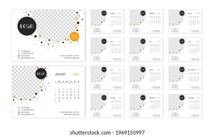 Desk calendar 2022 template. Week starts on Sunday. Design with place for photo and company logo
