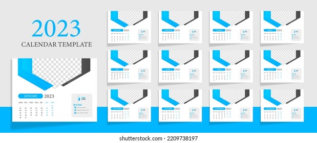 Desk calendar 2023 business template vector illustration with blue, black and white background