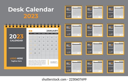 Desk Calendar 2023 Or Monthly Weekly Schedule New Year Calendar 2023. Creative design, 12 months included, corporate desk calendar.