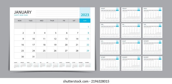 Desk Calendar 2023 Set, Monthly Calendar Template For 2023 Year. Week Starts On Sunday. Wall Calendar 2023 In A Minimalist Style, Set Of 12 Months, Planner, Printing Template, Office Organizer Vector