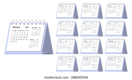 Schreibtischkalender 2023. Einfache Kalender mit flippenden Monaten. Vektorgrafik.