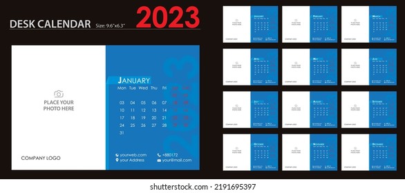 Desk Calendar 2023 Template - 12 months. Just add your Logo,
Company details, Photos and you are ready to print.