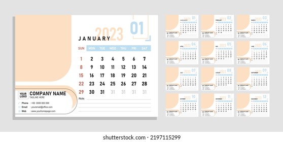 Desk Calendar 2023 template planner Vector new year calender in clean minimal table simple style pastel color,Holiday event planner,Week Starts Sunday.12 month annual timetable note diary
