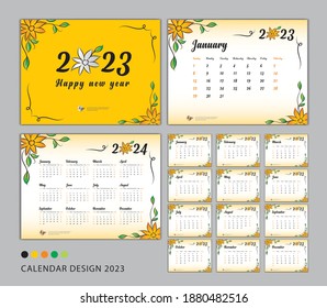 Juego de plantillas de calendario de escritorio 2023, concepto de flor, Calendario 2023-2024, Feliz año nuevo 2023, diseño de calendario de pared, Planificador, Semana Comenzar el Domingo, Papelería, Impresión, anuncio, cubierta amarilla