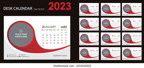 Plantilla de calendario de escritorio 2023. Conjunto de 12 páginas de calendario diseño vectorial 
plantilla de impresión con sitio para foto y logotipo de la empresa.