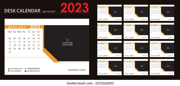 Desk calendar 2023 template. Set of 12 calendar pages vector design 
print template with place for photo and company logo.
