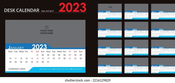 Desk calendar 2023 template. Set of 12 calendar pages vector design 
print template with place for photo and company logo.