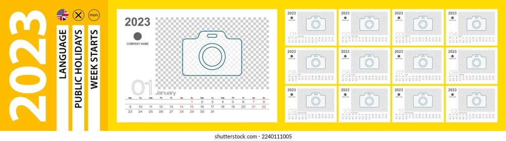 Calendario de 2023, calendario mensual con lugar para la foto. La semana comienza el lunes. Listo para la plantilla de impresión.