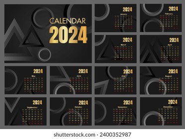 Desk Calendar 2024 with 12 months. Full year calendar. Circle and triangle shaped designs. with black background.