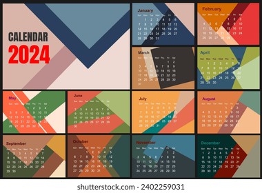 Desk Calendar 2024 with 12 months. Full year calendar. Colorful overlapping gradient abstract design.