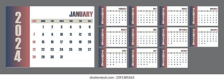 Desk Calendar 2024 in Dynamic Blue White Colors. Simple and Bold Typography. Corporate Office Calendar Layout Vector Illustration. Week Starts Sunday