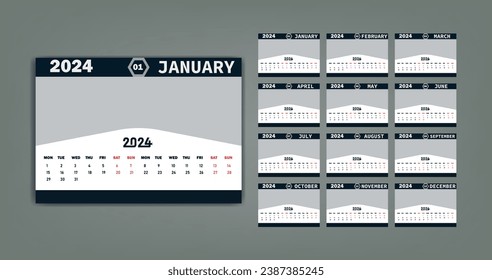 Desk Calendar 2024 new year single page 12 month annual calendar template. Monthly yearly calendar layout ready to print. 2024 annual calendar grid wall or desk layout. Planner for 2024 year, diary.