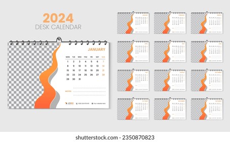 Desk calendar 2024 planner and corporate design template set, Annual calendar 2024 for 12 months, week starts Monday, abstract orange gradient color shape with vector layout