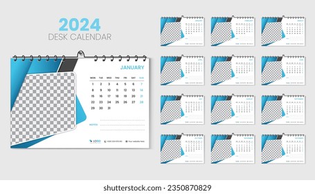 Desk calendar 2024 planner and corporate design template set, Annual calendar 2024 for 12 months, week starts Monday, abstract blue gradient color shape with vector layout