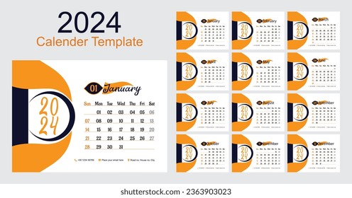 Desk Calendar 2024 planner corporate template design set. template for annual calendar 2024. Week starts on Monday.