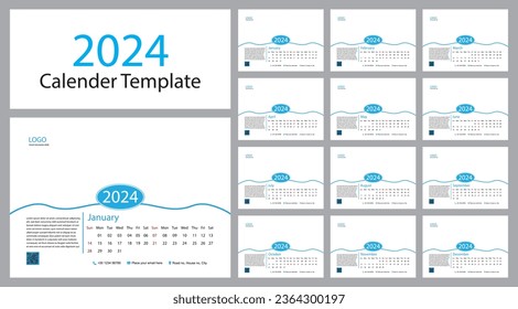 Desk Calendar 2024 planner corporate template design set. template for annual calendar 2024. Week starts on Monday.