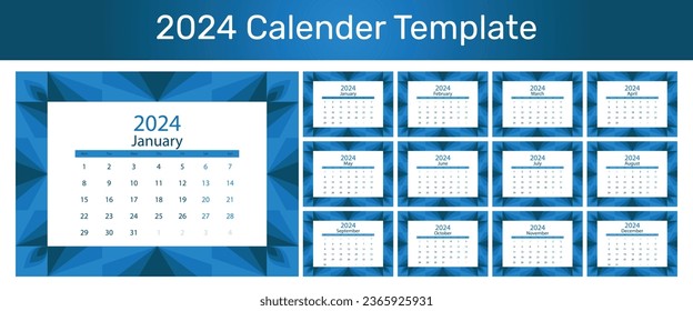 Desk Calendar 2024 planner corporate template design set. template for annual calendar 2024. Week starts on Monday.