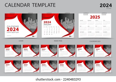 Desk calendar 2024 Set and Calendar 2025 year, Set of 12 Months, Planner, Week starts on Sunday, Stationery design, Wall calendar 2024 year, printing, advertisement, red business cover design, vector
