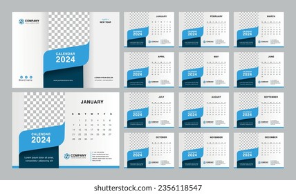 Desk Calendar 2024 template. 12 months included. Editable 2024 calendar design