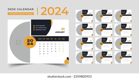 Desk Calendar 2024, template for annual calendar 2024, 12 months included, Week starts on Monday