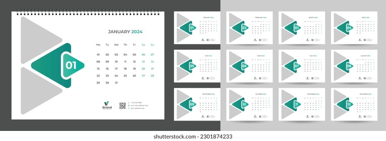 Desk Calendar 2024 template design, Office Calendar 2024