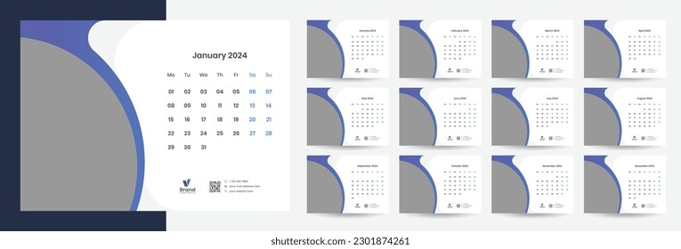 Desk Calendar 2024 template design, Office Calendar 2024