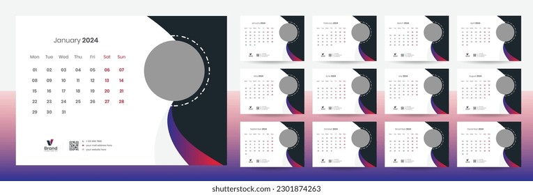 Desk Calendar 2024 template design, Office Calendar 2024