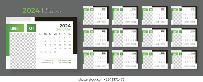 Desk Calendar 2024 template design, Office Calendar 2024,Week Starts on sunday, Planner for 2024 year, template for annual calendar 2024