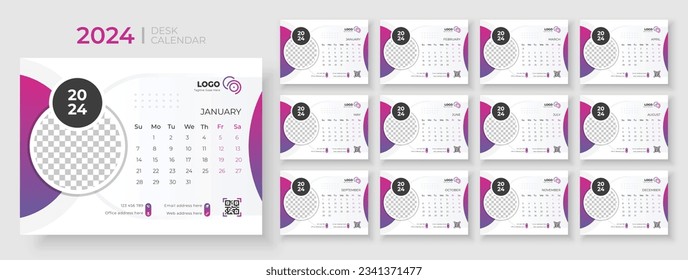 Desk Calendar 2024 template design, Office Calendar 2024,Week Starts on sunday, Planner for 2024 year, template for annual calendar 2024