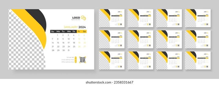 Desk Calendar 2024 template design, Week starts on Sunday, Office Calendar 2024