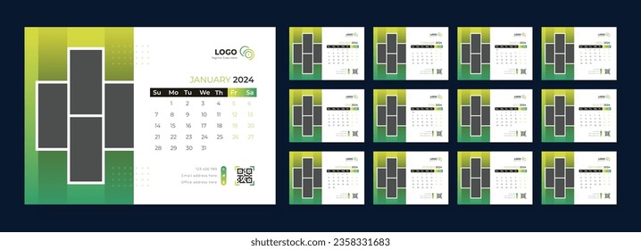 Desk Calendar 2024 template design, Office Calendar 2024, Week starts on Sunday